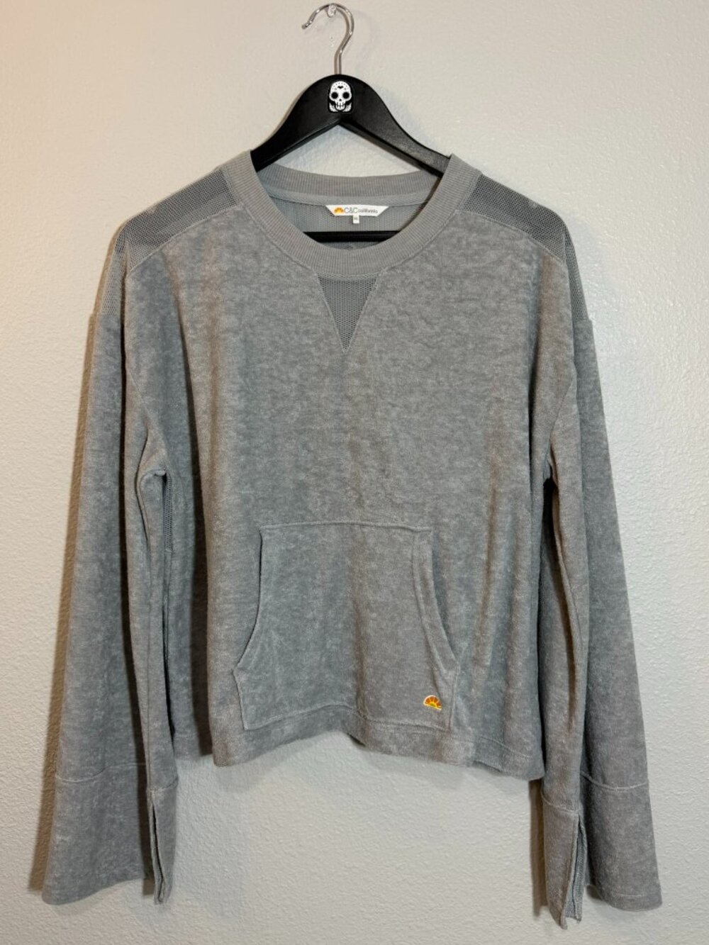 C&C California Womens XL Grey French Terry Mesh Yoke Pullover Sweatshirt